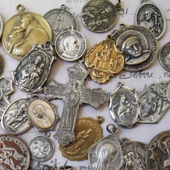 Lot of 10 Antique/Vintage Christil Religious Medals Charm Pendants Sterling - Picture 1 of 3